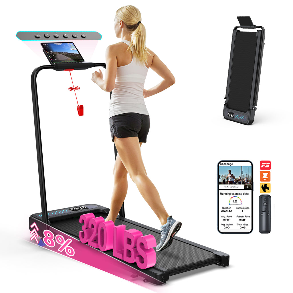 YZRUN Treadmill with Handle Bar, Under Desk Walking Pad with 8% Incline, Foldable Treadmills for Home, 320 LBS Capacity