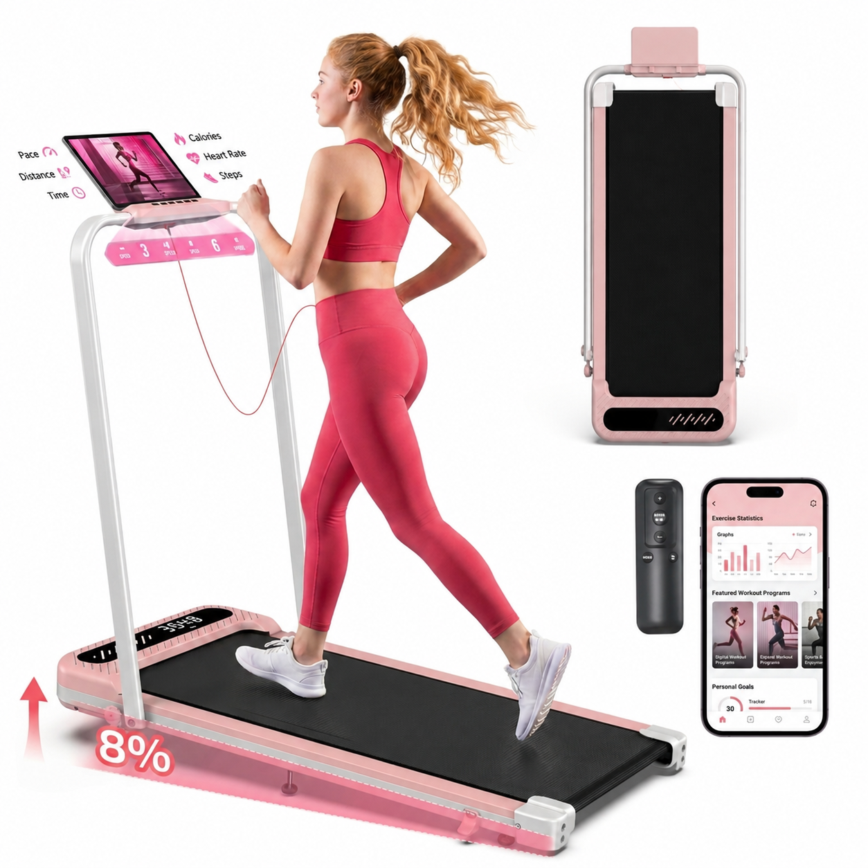 YZRUN Walking Pad with 8% Incline, Pink Walking Pad Under Desk with Foldable Handle Bar, Treadmill for Home