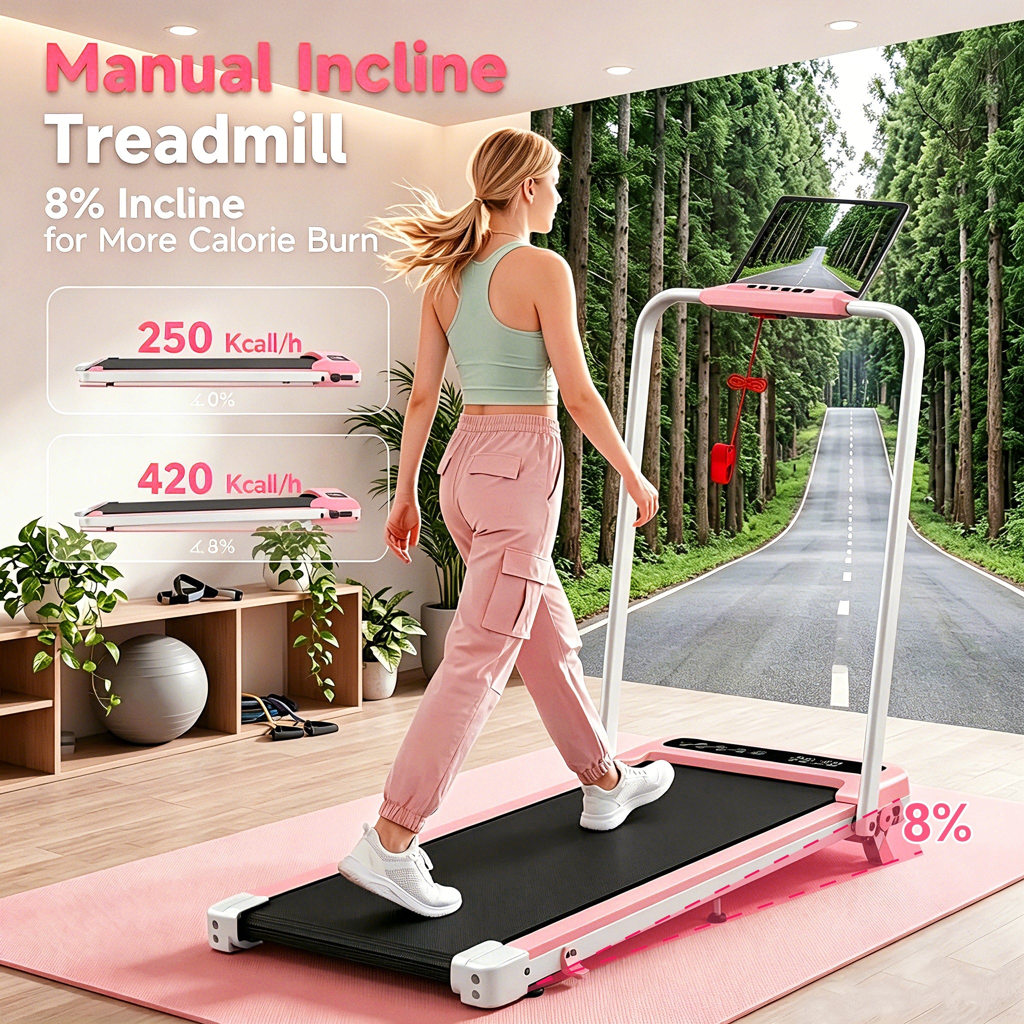 YZRUN Walking Pad with 8% Incline, Pink Walking Pad Under Desk with Foldable Handle Bar, Treadmill for Home