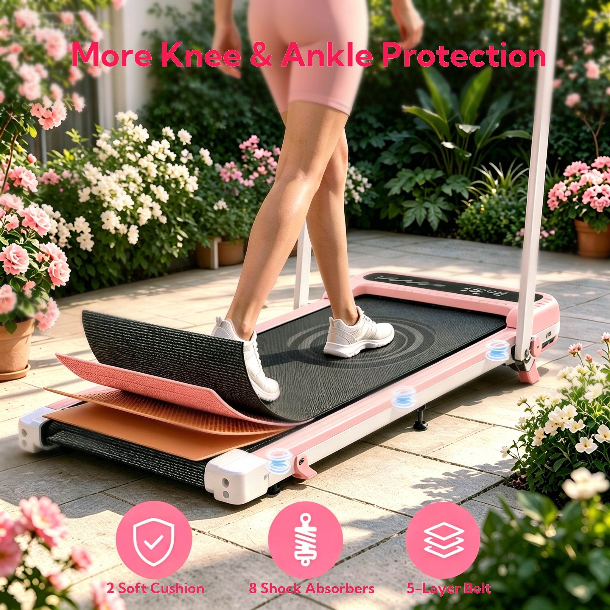 YZRUN Walking Pad with 8% Incline, Pink Walking Pad Under Desk with Foldable Handle Bar, Treadmill for Home