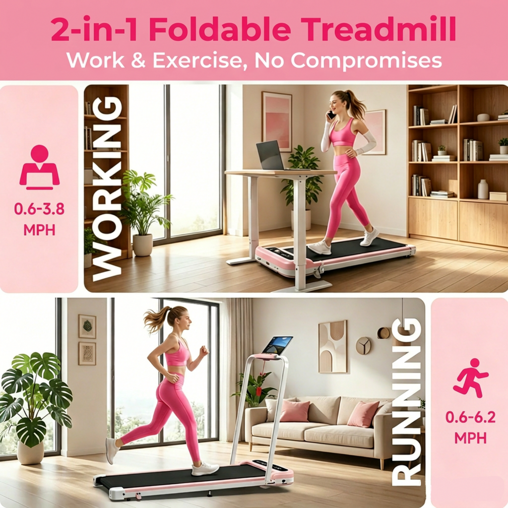 YZRUN Walking Pad with 8% Incline, Pink Walking Pad Under Desk with Foldable Handle Bar, Treadmill for Home