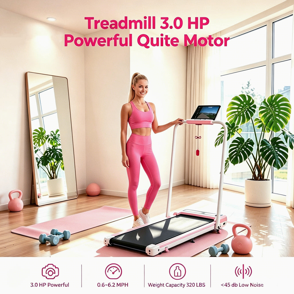 YZRUN Walking Pad with 8% Incline, Pink Walking Pad Under Desk with Foldable Handle Bar, Treadmill for Home