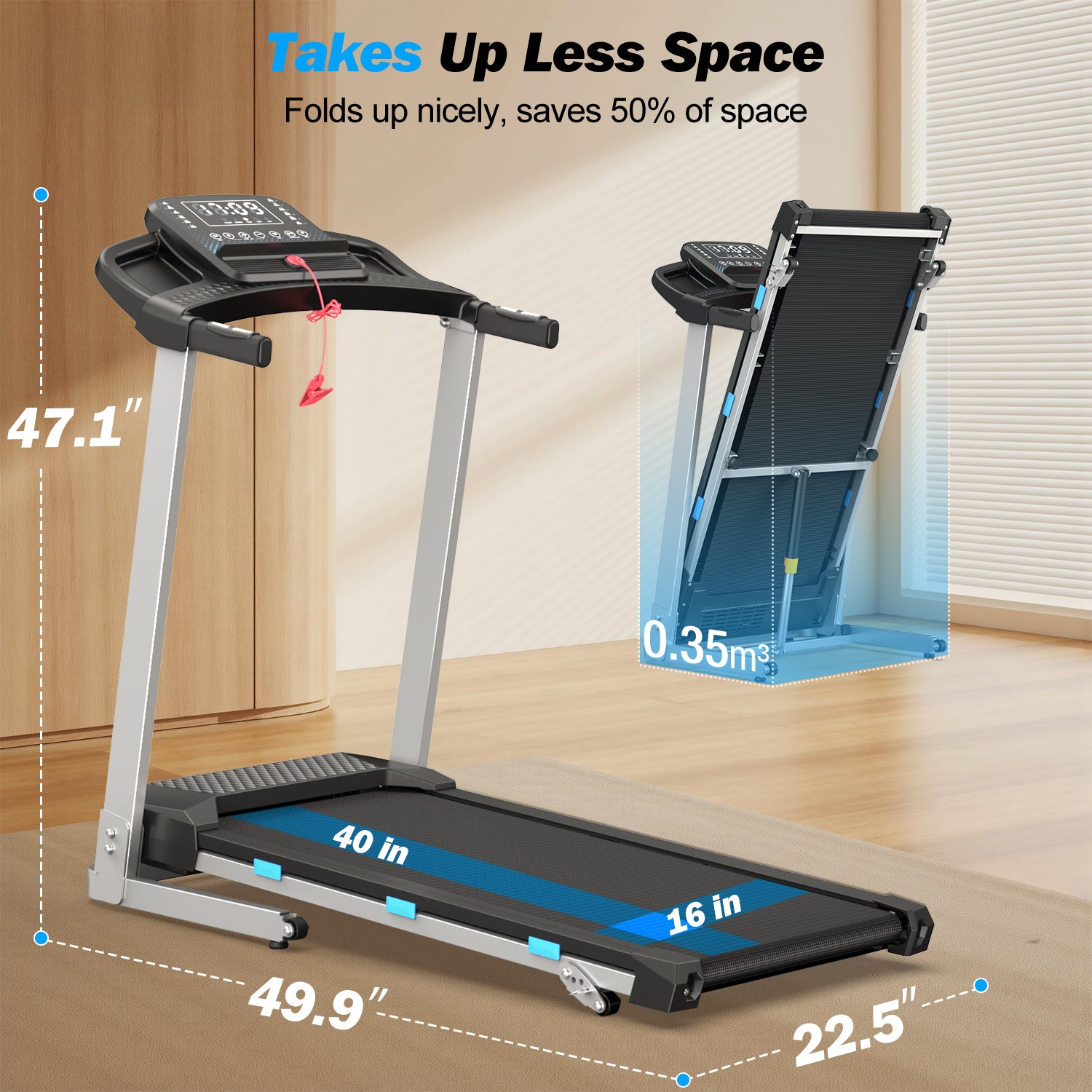 YZRUN Treadmill with Incline and Handle, Foldable Treadmill, Portable Walking Pad for Home, 350 LBS Capacity