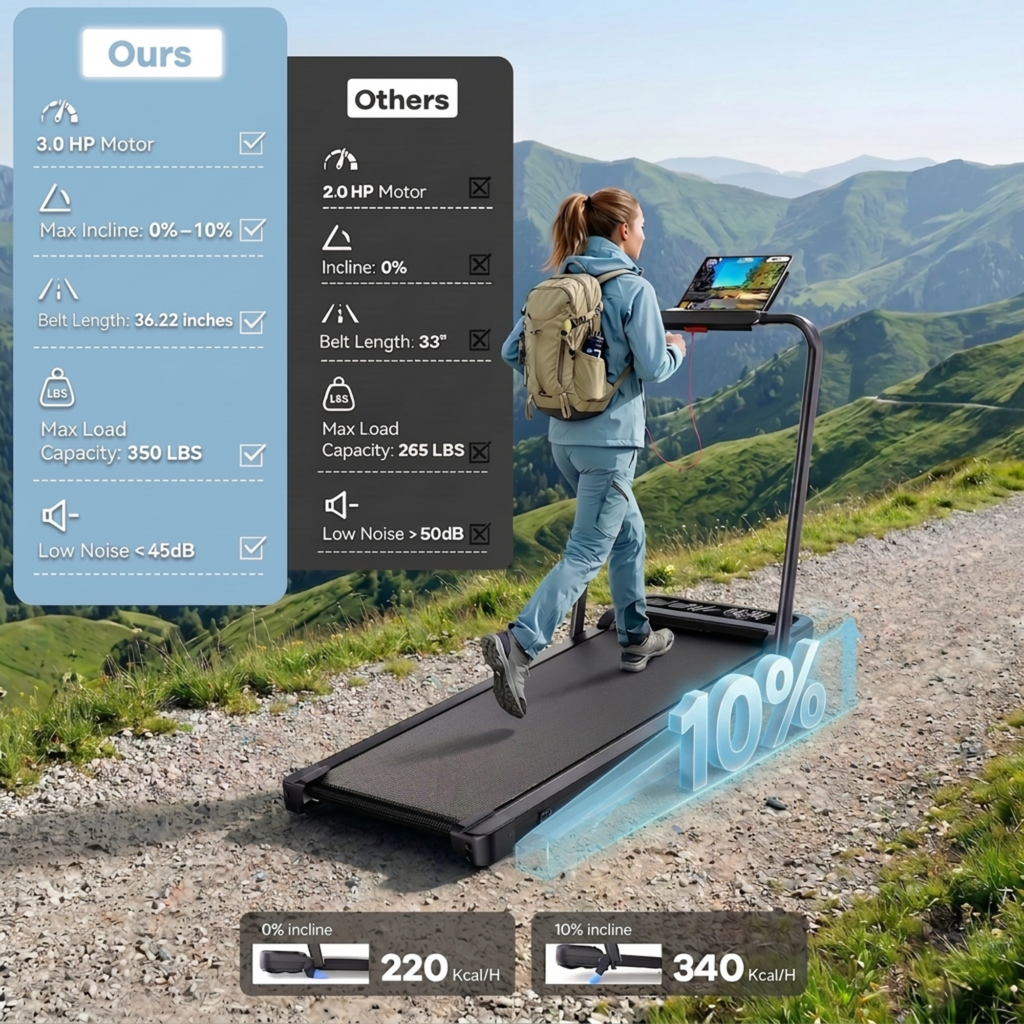 YZRUN Treadmill with Handle Bar, Under Desk Walking Pad with 10% Incline, Foldable Treadmills for Home, 350 LBS Capacity