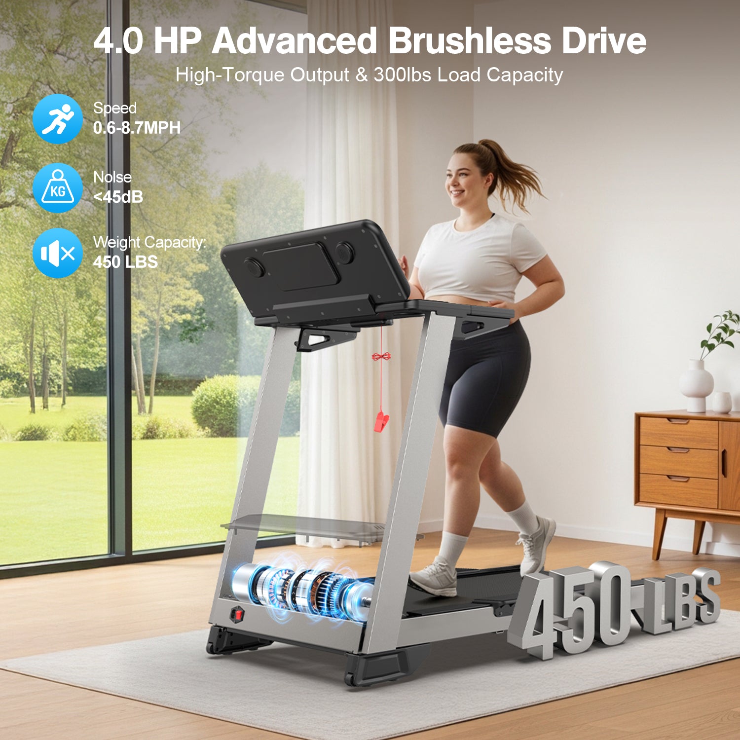 YZRUN 4 HP Incline Treadmill for Home, 450 lbs Capacity, Portable Folding Treadmill with 20"x 45"Running Area, Bluetooth Speaker，10 MPH