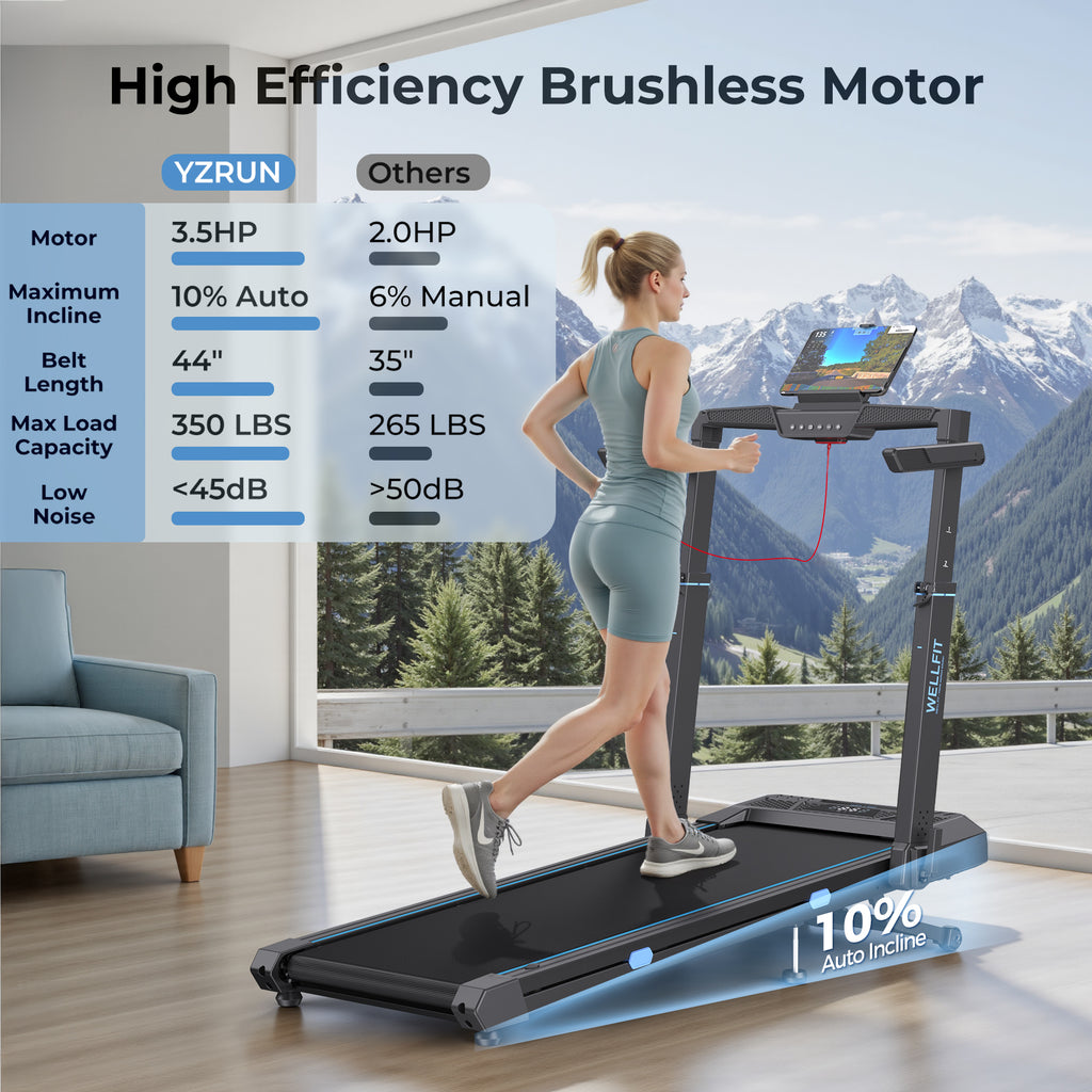 YZRUN Treadmill with Auto Incline, Foldable Treadmills for Home with Adjustable Height, Under Desk Walking Pad, 350 LBS Capacity