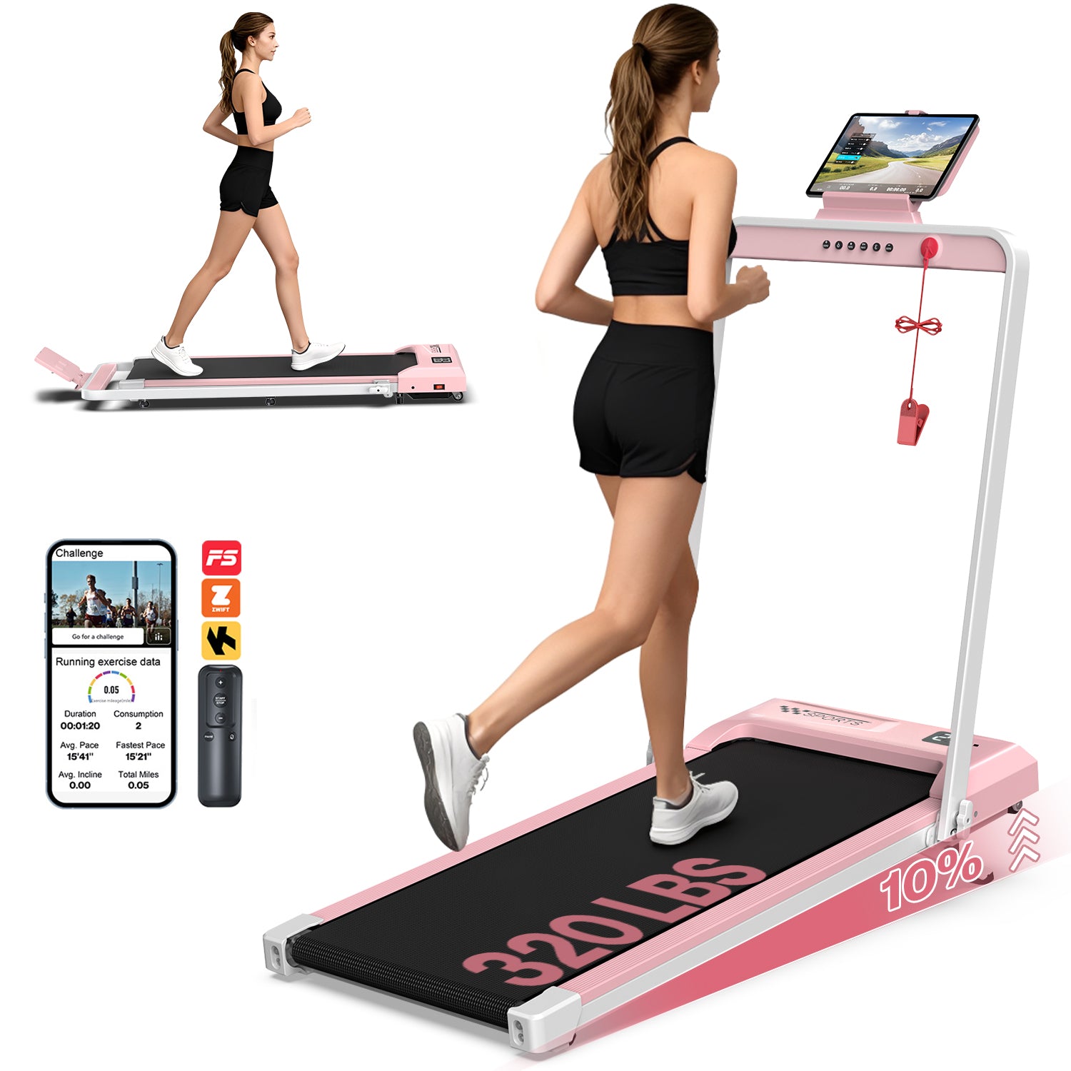 YZRUN Treadmill with Foldable Handle Bar, Under Desk Walking Pad with 10% Incline, 3.0 HP Quiet Treadmills for Home, 320 LBS Capacity