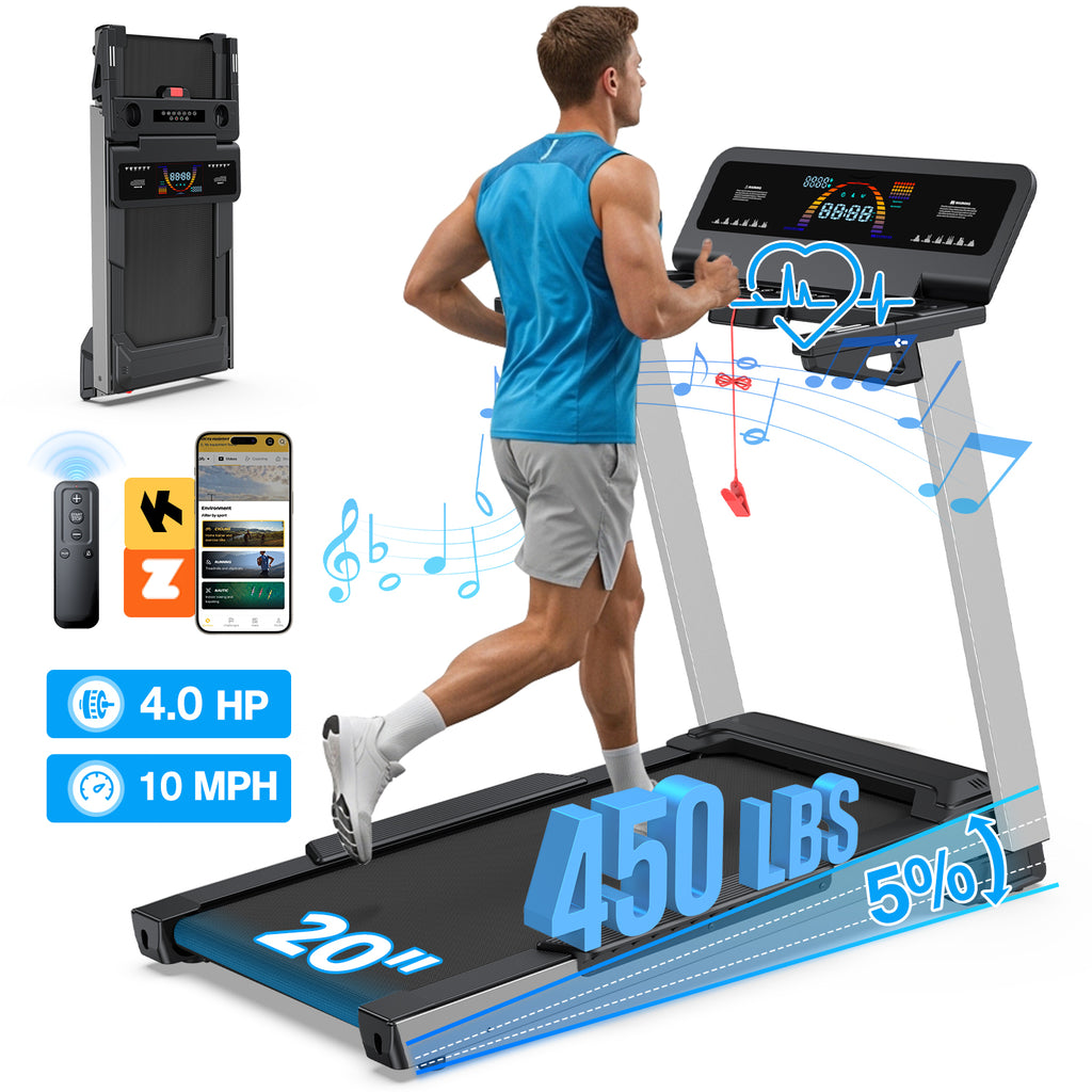 YZRUN 4 HP Incline Treadmill for Home, 450 lbs Capacity, Portable Folding Treadmill with 20"x 45"Running Area, Bluetooth Speaker，10 MPH