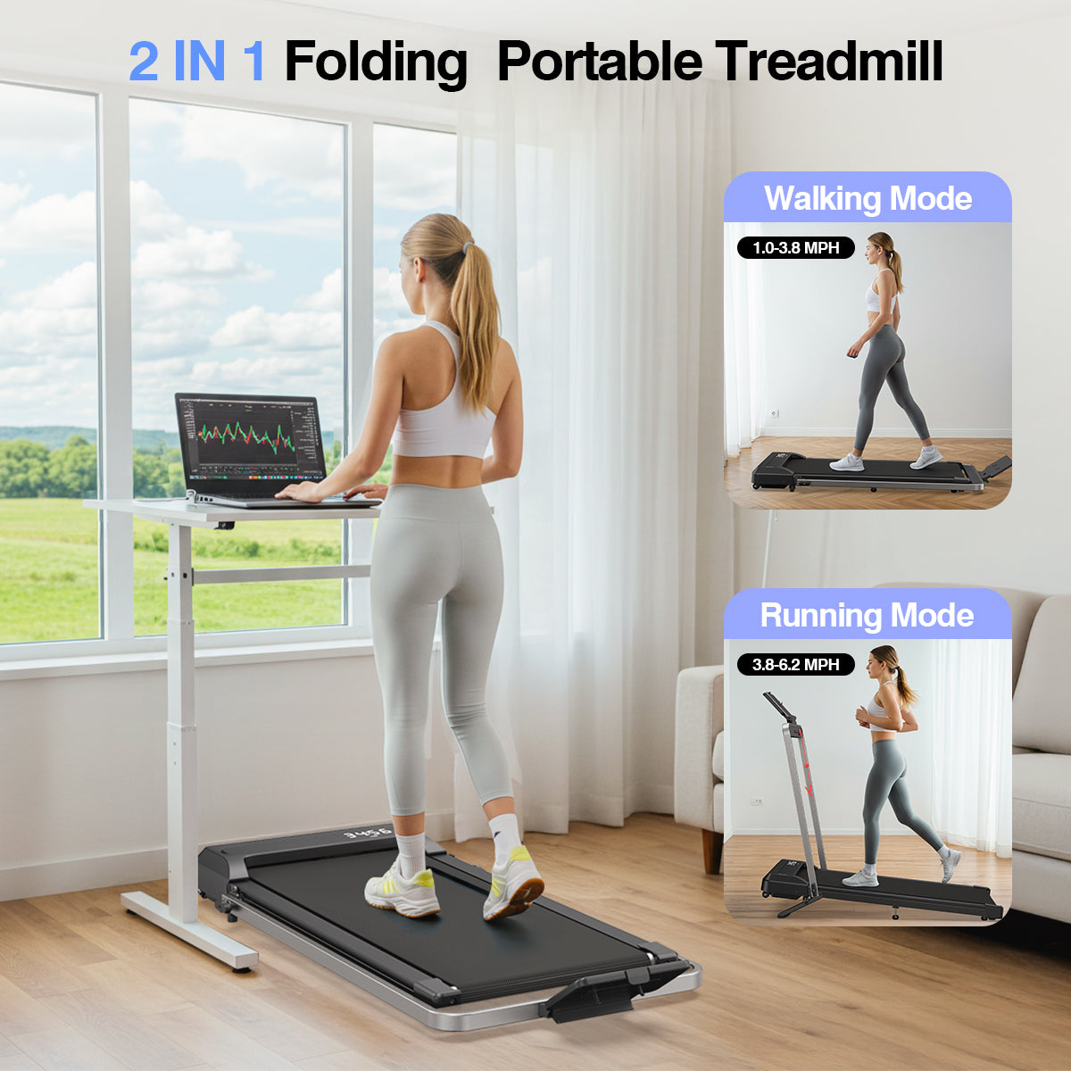 YZRUN 10% Incline Walking Pad Treadmill with Handle Bar,3.0 HP Under Desk Walking Pad Foldable Treadmill for Home Small, 320 LBS Capacity