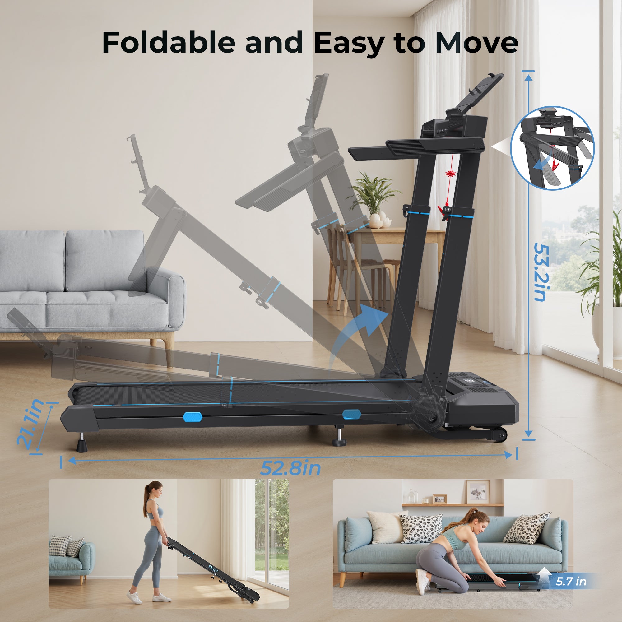 YZRUN Treadmill with Auto Incline, Foldable Treadmills for Home with Adjustable Height, Under Desk Walking Pad, 350 LBS Capacity
