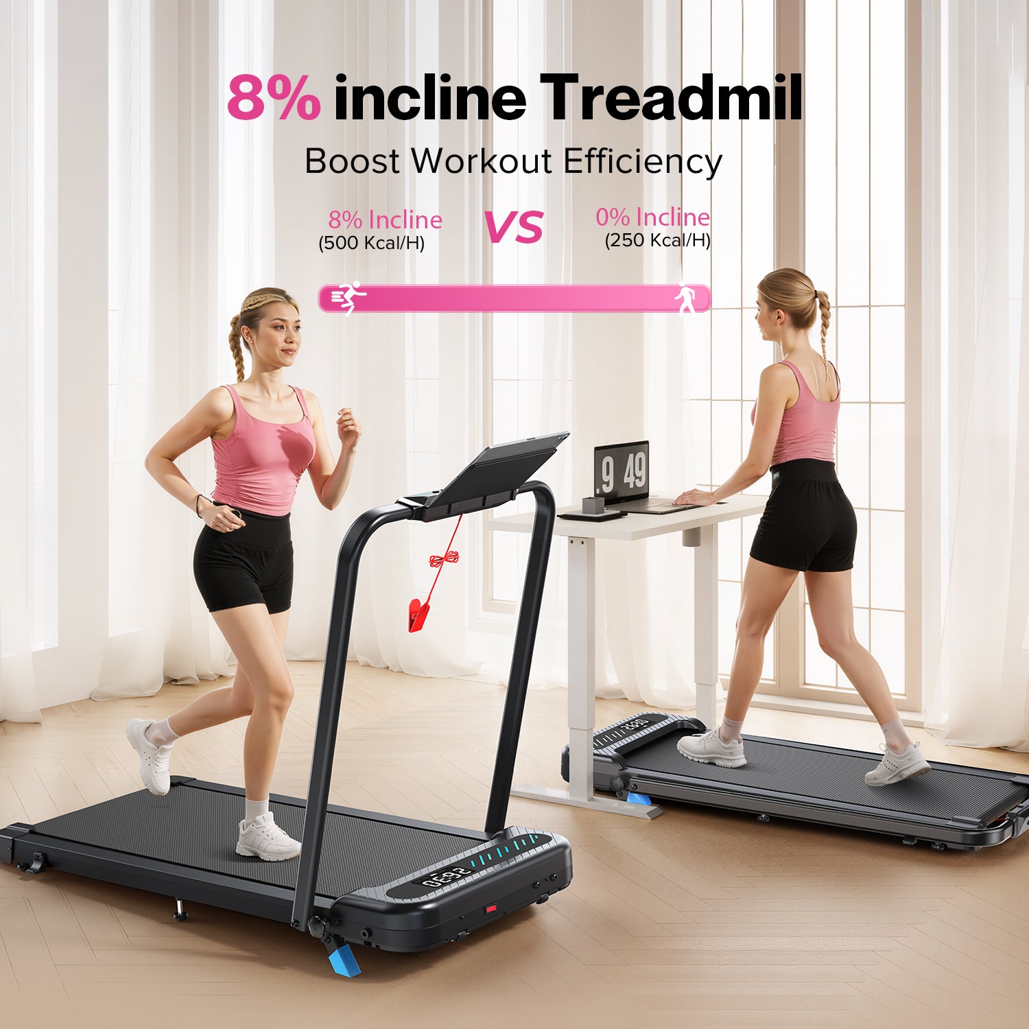 YZRUN Treadmill with Handle Bar, Under Desk Walking Pad with 8% Incline, Foldable Treadmills for Home, 320 LBS Capacity