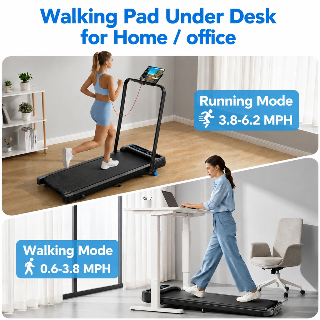 YZRUN Treadmill with Handle Bar, Under Desk Walking Pad with 10% Incline, Foldable Treadmills for Home, 350 LBS Capacity