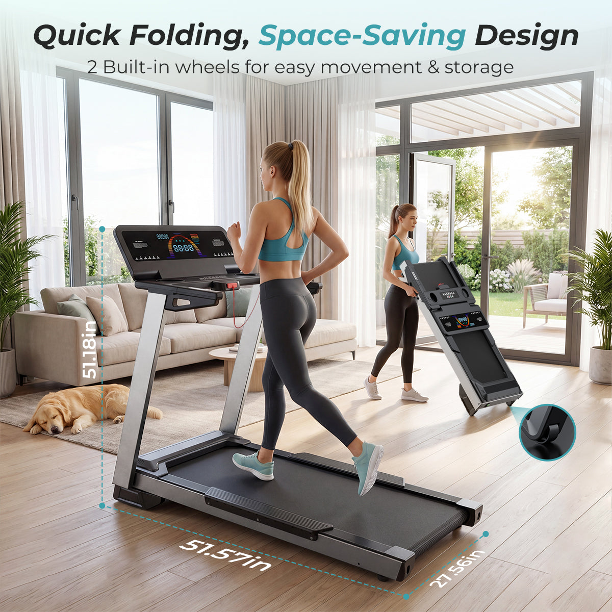 YZRUN 4 HP Incline Treadmill for Home, 450 lbs Capacity, Portable Folding Treadmill with 20"x 45"Running Area, Bluetooth Speaker，10 MPH