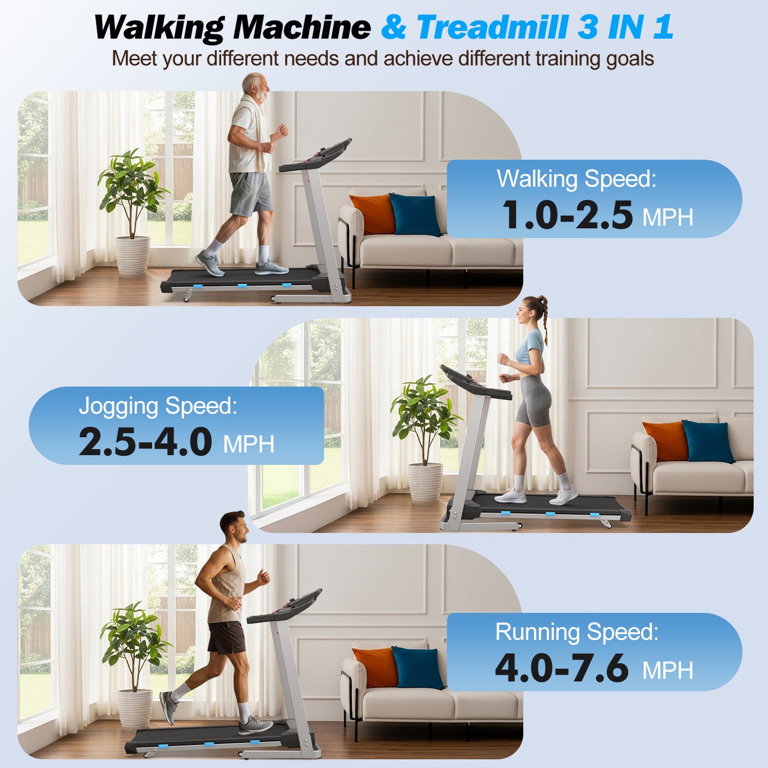 YZRUN Treadmill with Incline and Handle, Foldable Treadmill, Portable Walking Pad for Home, 350 LBS Capacity