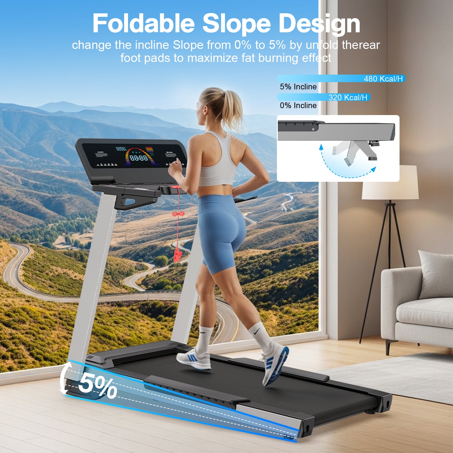 YZRUN 4 HP Incline Treadmill for Home, 450 lbs Capacity, Portable Folding Treadmill with 20"x 45"Running Area, Bluetooth Speaker，10 MPH