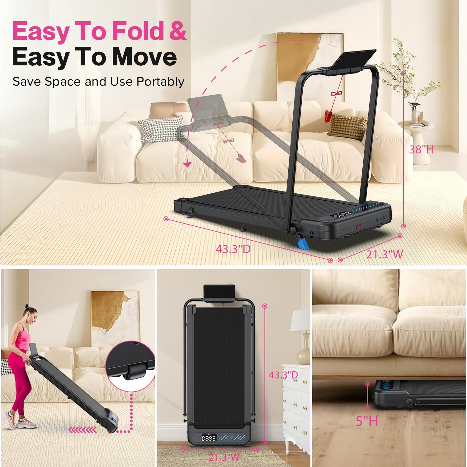 YZRUN Treadmill with Handle Bar, Under Desk Walking Pad with 8% Incline, Foldable Treadmills for Home, 320 LBS Capacity